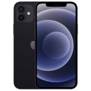 Black iPhone 12 with dual rear cameras and a vibrant blue circular wallpaper displayed on its front screen.