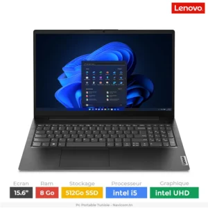 Lenovo v15 g4 laptop with specifications including a 15.6" screen, 8GB RAM, 512GB SSD, Intel i5 CPU, and Intel UHD graphics.