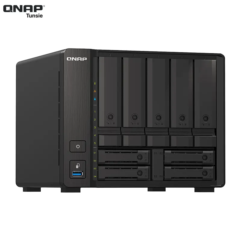 A sleek black QNAP TS-h973AX-32G NAS with multiple drive bays and USB ports, designed for data storage and management.