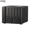 A black QNAP TS-h973AX-32G NAS device with five drive bays, USB ports, and LED indicators, designed for data storage and backup solutions.