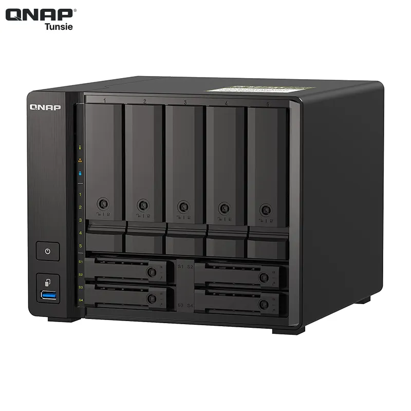 A black QNAP TS-h973AX-32G NAS device with five drive bays, USB ports, and LED indicators, designed for data storage and backup solutions.