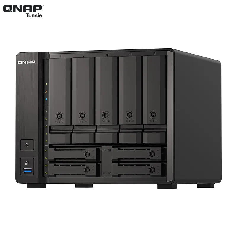 A sleek black QNAP TS-h973AX-32G network-attached storage device with five drive bays and USB ports, designed for efficient data management and storage.