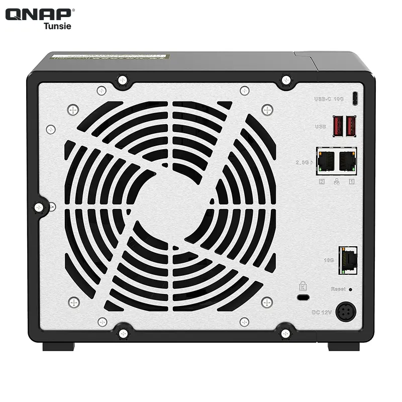 Back view of a QNAP TS-h973AX-32G storage device with ventilation fan, USB ports, Ethernet connectors, and power input.