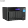 QNAP TVS-h674T-i5-32G network-attached storage (NAS) device with six drive bays, LED display, indicator lights, and front USB port, shown on a plain background.