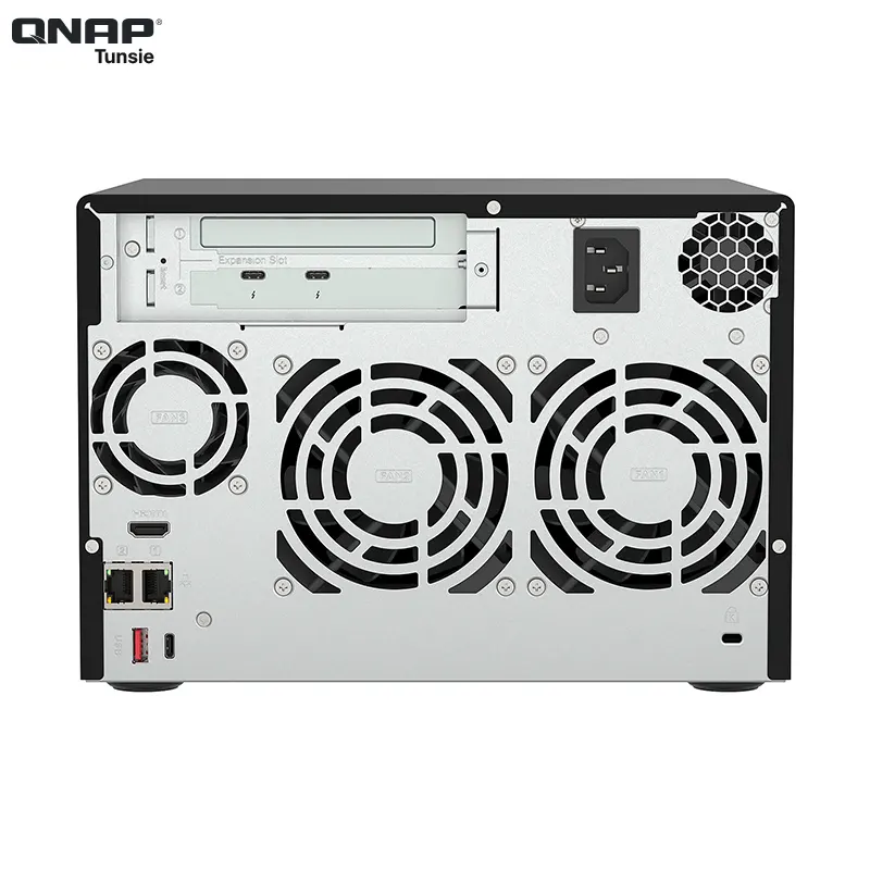 Back view of a QNAP TVS-h674T-i5-32G NAS, featuring multiple ventilation fans, connectivity ports, and an expansion slot.