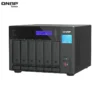 A QNAP TVS-h674T-i5-32G network-attached storage (NAS) device with six drive bays, status lights, front panel display, power button, and USB port, shown from an angled front view.