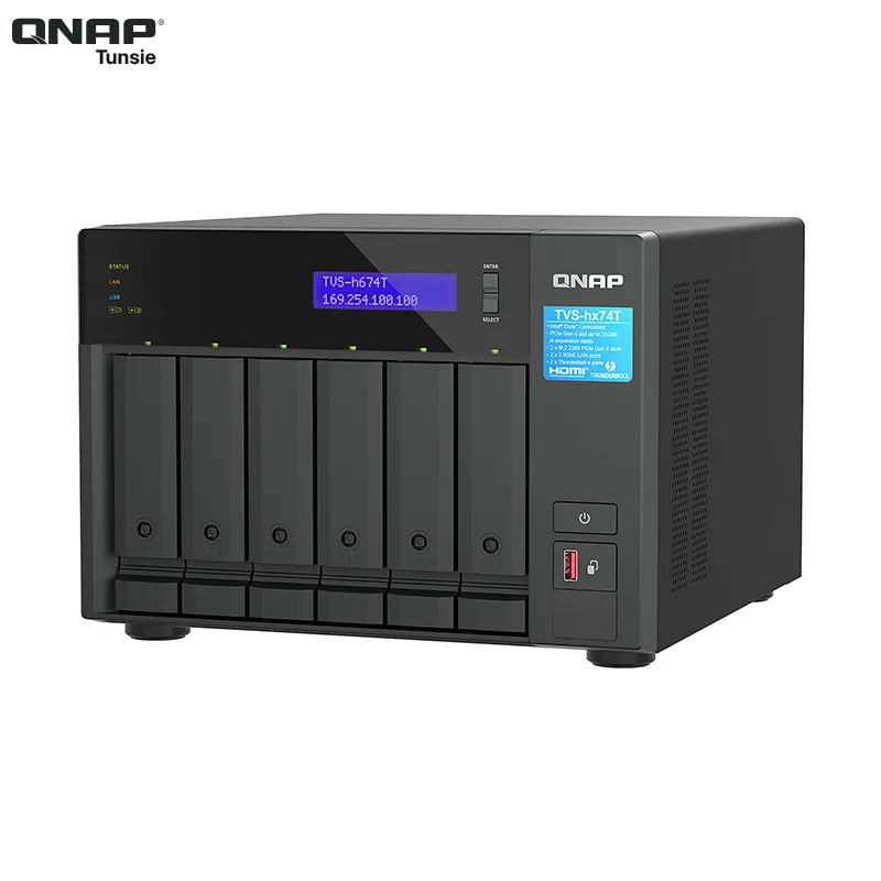A QNAP TVS-h674T-i5-32G network-attached storage (NAS) device with six drive bays, status lights, front panel display, power button, and USB port, shown from an angled front view.