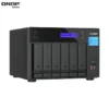 A QNAP TVS-h674T-i5-32G NAS device featuring multiple drive bays, blue display screen, USB ports, and power button, designed for data storage.