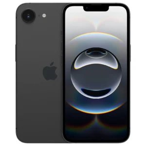 Front and back views of a sleek black iPhone 16e, displaying a colorful spherical graphic on the screen with the Apple logo visible on the back.