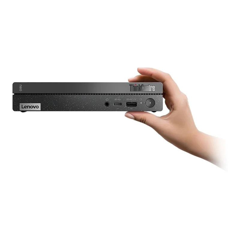 A hand holding a compact Lenovo ThinkCentre mini PC, showcasing its sleek design and various ports on the front.