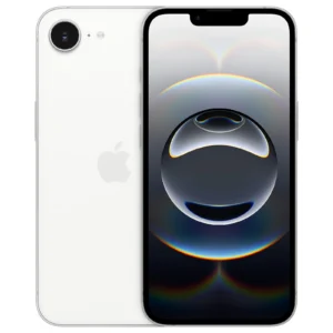 A white iPhone 16e with a sleek design, displaying a vibrant abstract wallpaper on its screen, showcasing its modern aesthetics.