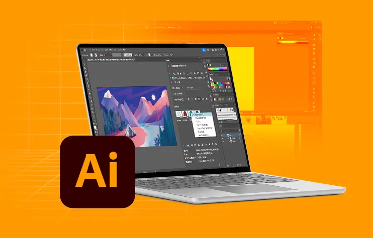A laptop displaying Adobe Illustrator software, featuring a colorful landscape illustration and a bright orange background.