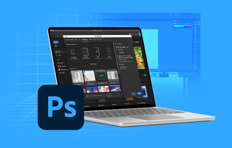 A laptop displaying Adobe Photoshop's interface, featuring design templates and tools, set against a blue background.