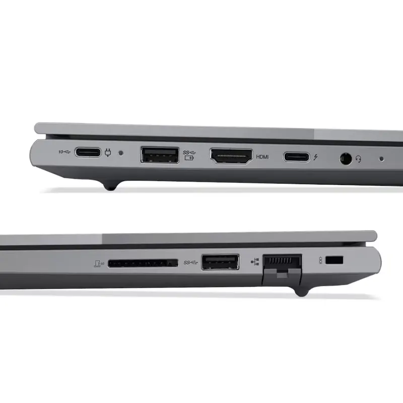 Close-up of a lenovo ThinkBook 16 G7 IML laptop's ports, including USB-C, HDMI, and audio jack, showcasing its sleek, modern design.