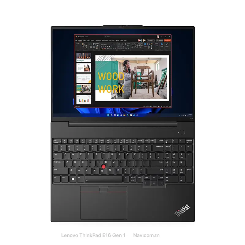 A Lenovo ThinkPad E16 Gen 1 laptop displays a PowerPoint presentation titled "Wood Work" on its screen.