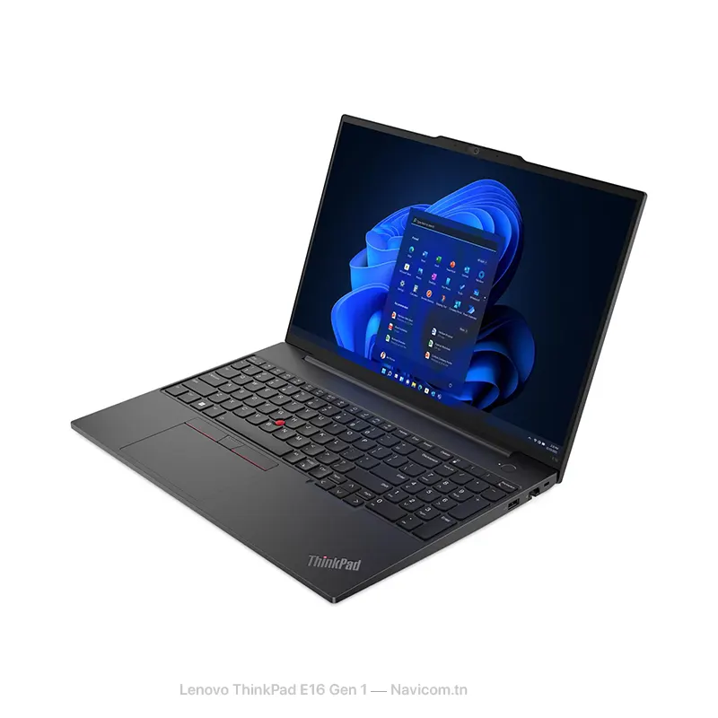 Lenovo ThinkPad E16 Gen 1 laptop with Windows 11 displayed on the screen, featuring a sleek black design and a backlit keyboard.