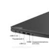 Close-up of Lenovo ThinkPad E16 Gen 1 ports, featuring USB C 3.2, Thunderbolt 4, HDMI, and headphone/microphone jack.