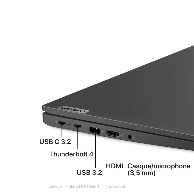 Close-up of Lenovo ThinkPad E16 Gen 1 ports, featuring USB C 3.2, Thunderbolt 4, HDMI, and headphone/microphone jack.