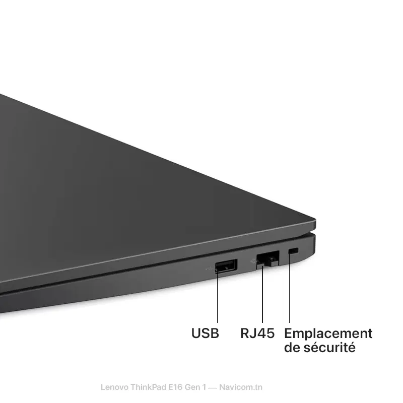 Close-up of the Lenovo ThinkPad E16 Gen 1's side ports, featuring USB, RJ45 Ethernet, and a security lock slot.
