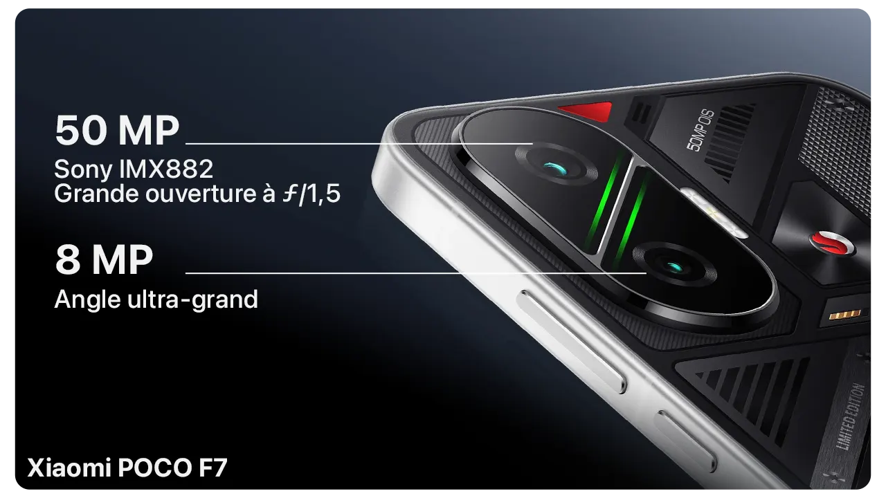 Close-up of the Xiaomi POCO F7 smartphone camera, featuring a 50MP main lens and an 8MP ultra-wide lens with advanced specifications.