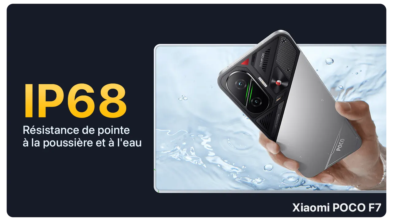 Xiaomi POCO F7 smartphone showcasing its IP68 water and dust resistance, partially submerged in water.