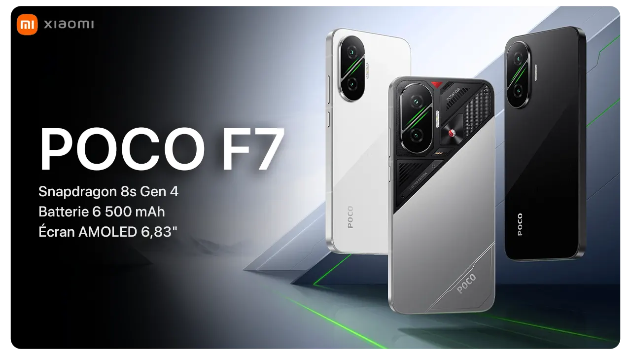 Image of the Poco F7 smartphone showcasing its Snapdragon 8s Gen 4 chipset, 6500 mAh battery, and 6.83" AMOLED display.