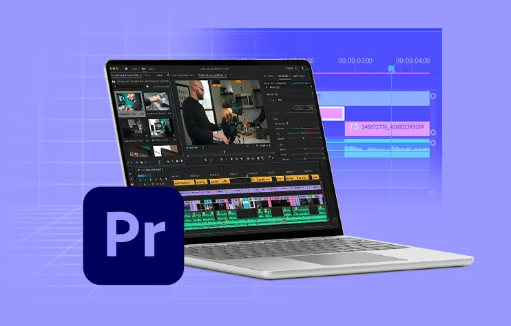 A laptop displaying Adobe Premiere Pro's video editing interface, featuring timeline editing and preview of clips, set against a purple background.