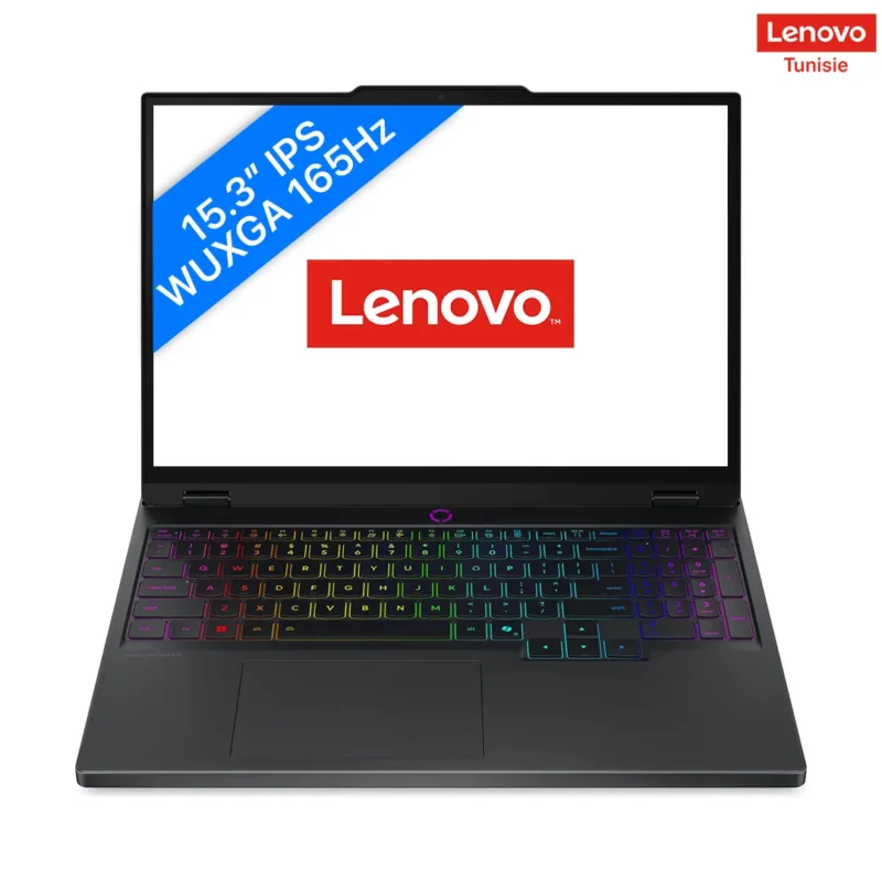 Legion 5 15IRX10 - 1 A Lenovo laptop with a 15.3" WUXGA 165Hz display, featuring a colorful backlit keyboard, showcasing the Lenovo logo.