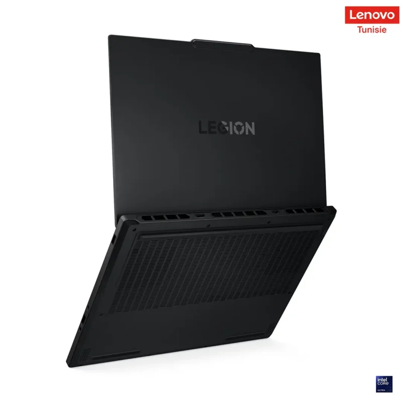 Lenovo Legion 5 15IRX10 - 3 A black Lenovo Legion gaming laptop, shown from the back, highlighting the vents and logo. Intel Core sticker visible.