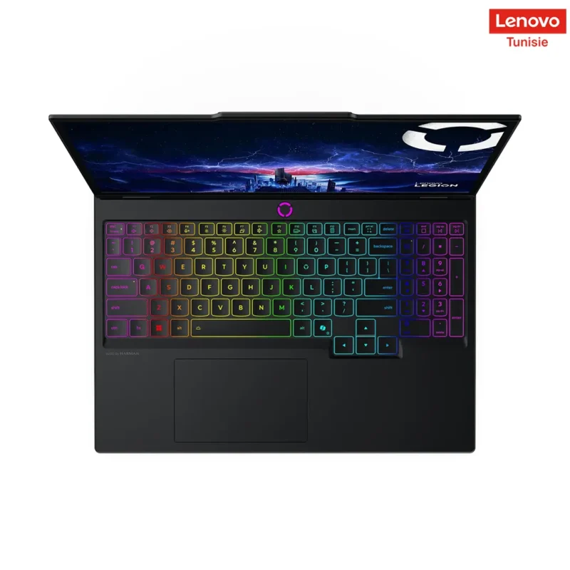 Lenovo Legion 5 15IRX10 - 5 A top view of a Lenovo gaming laptop featuring a colorful RGB keyboard and a vibrant screen background of a city skyline at night.