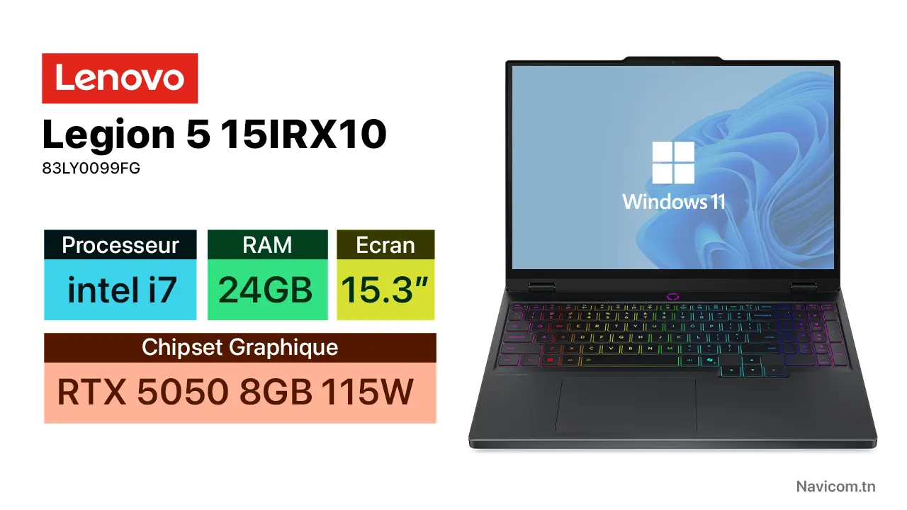 Lenovo Legion 5 15IRX10 83LY0099FG laptop with 15.3" display, Intel i7 processor, 24GB RAM, 8GB RTX 5050 graphics, and Windows 11 on screen.