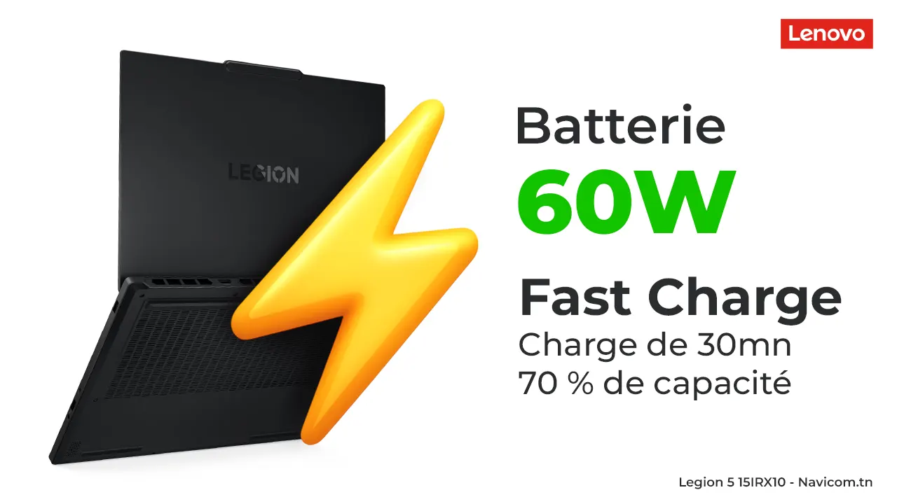 A Lenovo Legion 5 15IRX10 83LY0099FG laptop with a large yellow lightning bolt, highlighting "60W" battery and "Fast Charge: 30min, 70% capacity" in French text.