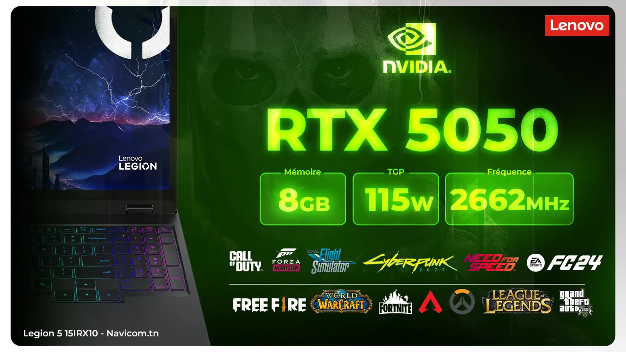 A Lenovo gaming laptop displays an NVIDIA RTX 5050 graphics card ad highlighting 8GB memory, 115W TGP, 2664 cores, and game logos including Call of Duty, Fortnite, and Cyberpunk 2077.