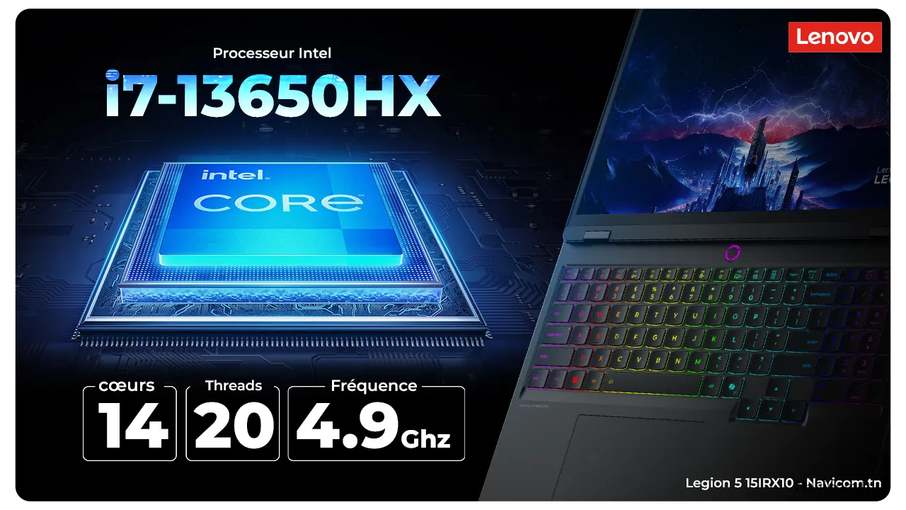Image showcasing Lenovo's Legion 5 laptop featuring an Intel i7-13650HX processor with specs: 14 cores, 20 threads, 4.9 GHz frequency.