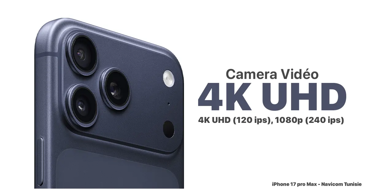 Close-up of iPhone 17 Pro Max camera module showcasing dual lenses, with text highlighting 4K UHD video capabilities.