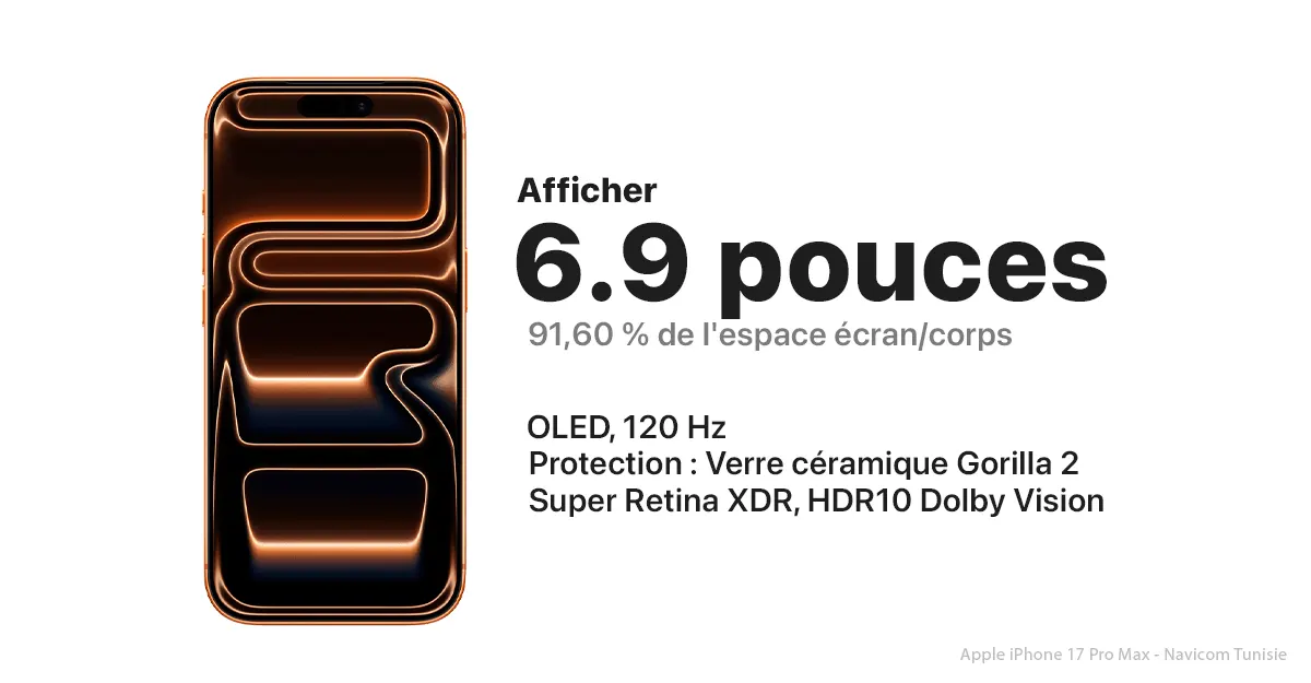 Image of the Apple iPhone 17 Pro Max's screen specs: 6.9-inch OLED display, 120 Hz refresh rate, Super Retina XDR with HDR10 and Dolby Vision.