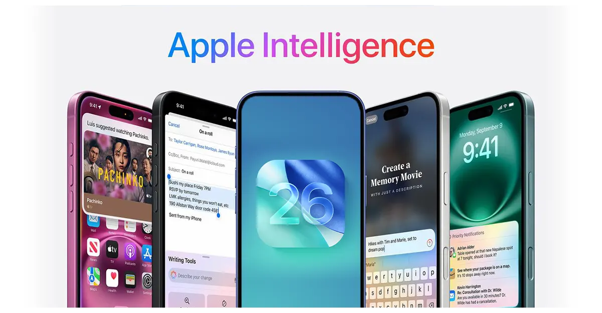 A display of various iPhones showcasing features like notifications, email drafts, and a memory movie creation tool under "Apple Intelligence."