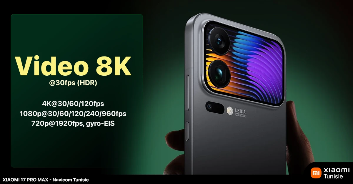 Close-up of a xiaomi 17 pro max showcasing its dual camera and colorful display, highlighting 8K video capabilities and various resolutions.