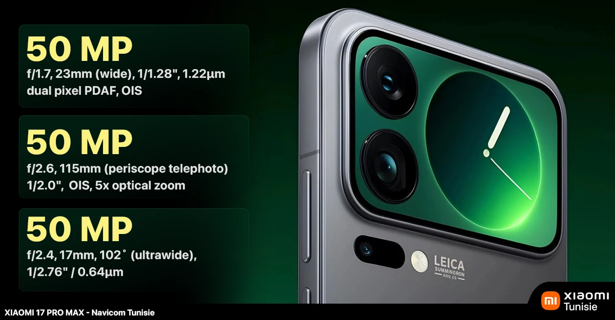 Close-up of the Xiaomi 17 Pro Max smartphone showcasing its triple 50 MP camera system and Leica branding on a green background.