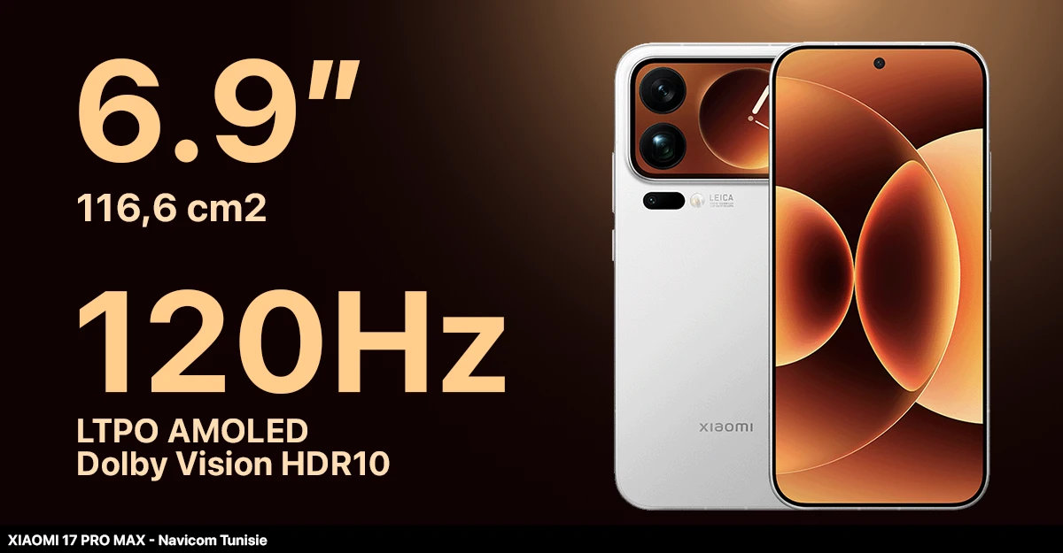 A Xiaomi 17 Pro Max smartphone displayed, featuring a 6.9" LTPO AMOLED screen, 120Hz refresh rate, and Dolby Vision HDR10.
