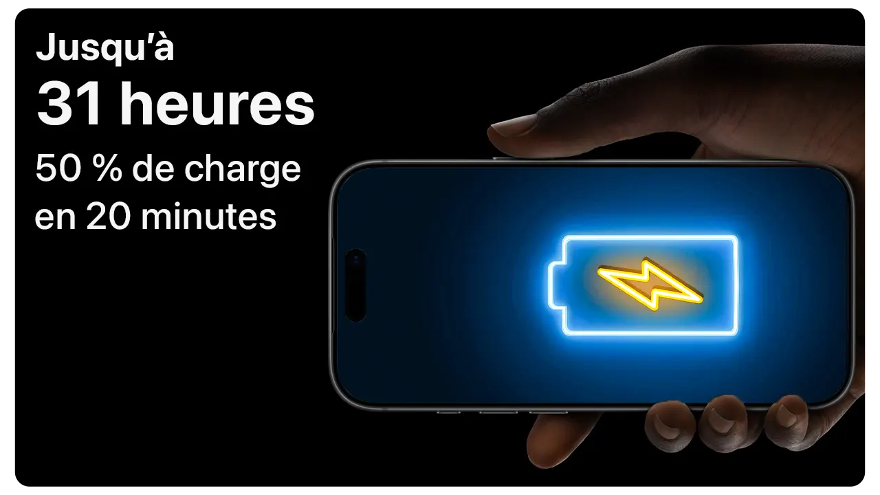 A hand holds an iphone 17 pro displaying a glowing battery icon, highlighting 31 hours of battery life and 50% charge in 20 minutes.