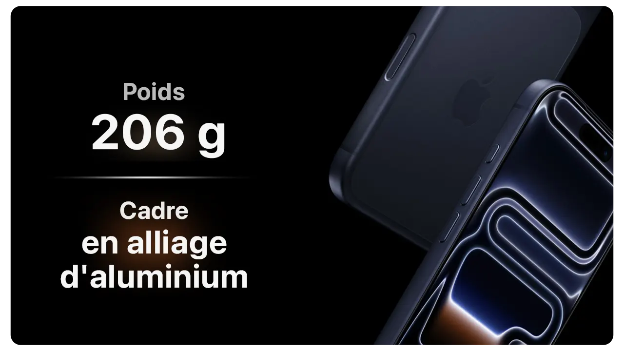 Image detailing an Apple iphone 17 pro with specifications: weight 206g and aluminum frame, against a sleek black background.