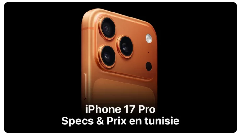Close-up of the orange iPhone 17 Pro showcasing its camera design, with text below highlighting specs and prices in Tunisia.