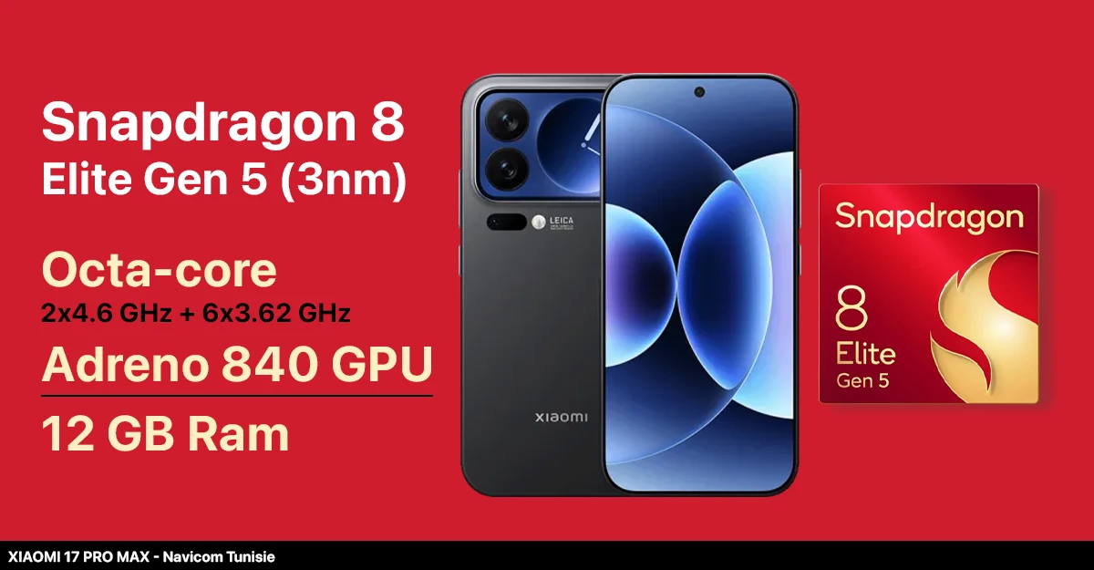 A Xiaomi smartphone featuring Snapdragon 8 Elite Gen 5 processor, 12 GB RAM, and Adreno 840 GPU on a vibrant red background.