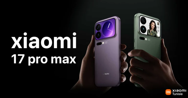Two hands hold the Xiaomi 17 Pro Max smartphones, one in purple and the other in green, with striking camera designs, against a dark background.