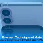 Close-up view of the iPhone 17's dual camera setup, highlighting new photo sensors, with a blue gradient background.