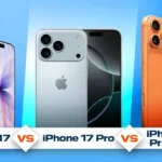 Image comparing three iPhones: iPhone 17 in purple, iPhone 17 Pro in silver, and iPhone 17 Pro Max in orange against a blue background.