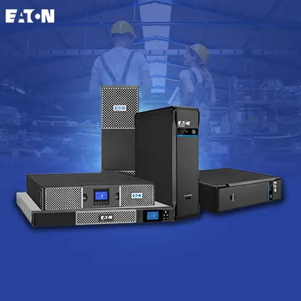 Eaton power management devices displayed in a warehouse setting, featuring various UPS units on a blue background.