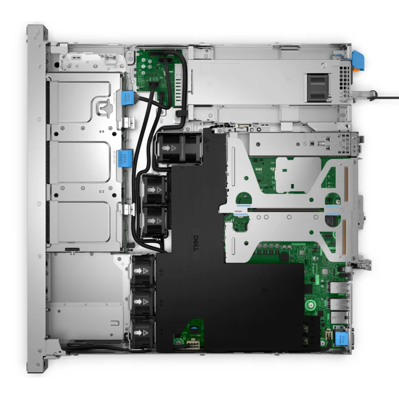 A top-down view of the interior of a Dell PowerEdge R260 server chassis showing circuit boards, RAM slots, power supplies, and labeled components.