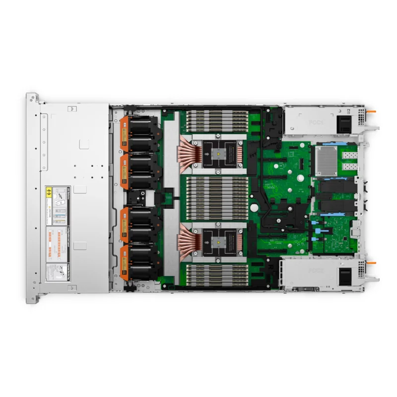 A top-down view of the interior of a Dell PowerEdge R6725 server chassis showing circuit boards, RAM slots, power supplies, and labeled components.